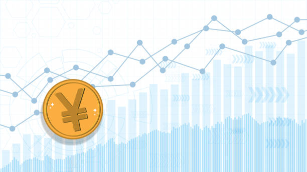 Shiny golden Yuan coin on an inclining financial chart Shiny golden Yuan coin on an inclining financial chart. chinese yuan coin stock illustrations