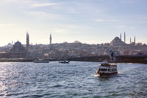 Istanbul, Turkey : Jan 09, 2023: View to European side of Istanbul from Bosphorus