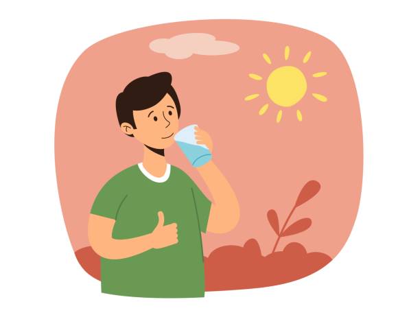 człowiek pije zimną wodę. musisz pić wodę w gorący letni słoneczny dzień. ryzyko udaru cieplnego, zawroty głowy lub złe samopoczucie. izolowana ilustracja wektorowa. - weather condition sunny sunlight stock illustrations