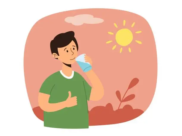 Vector illustration of Man drinks cold water. Need to drink water on a hot summer sunny day. Risk of heat stroke, dizziness, or malaise. Isolated vector illustration.