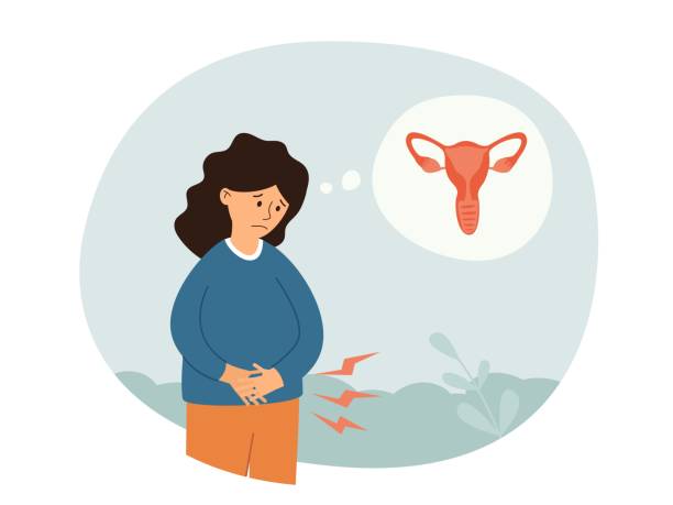 Female reproductive system disease concept. Female gynecological problems infertility endometriosis. Anatomical ovaries, vagina symbol menstruation and ovulation. Isolated vector illustration. Female reproductive system disease concept. Female gynecological problems infertility endometriosis. Anatomical ovaries, vagina symbol menstruation and ovulation. Isolated vector illustration woman ovarian cancer stock illustrations