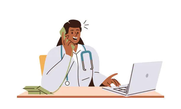 Vector illustration of Woman doctor having call with patient and working on laptop computer sitting at desk table