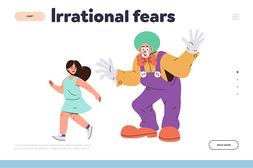 Irrational fears concept. Flat cartoon little girl character look frightened scared by clown at children party vector illustration. Cute kid suffering panic attack and anxiety. Landing page template