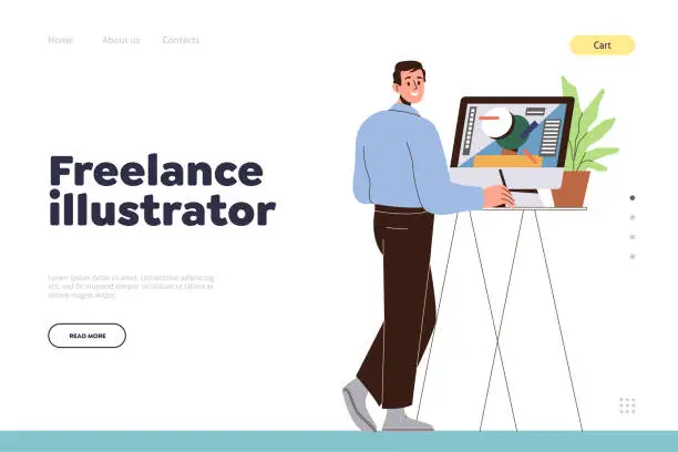 Vector illustration of Freelance illustrator landing page template with handsome man working on laptop drawing pictures