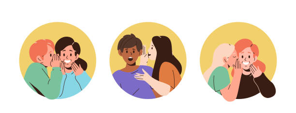 kuvapankkikuvitukset aiheesta söpöt pienet lapset keskustelevat juoruista, pyöreät kehyskuvakkeet, jotka on eristetty valkoiselle taustalle - juoru