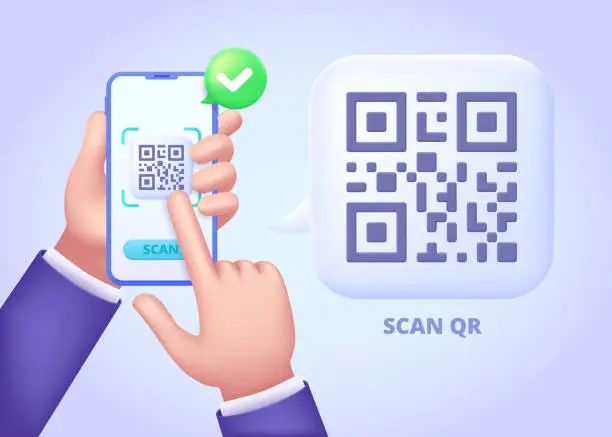Vector illustration of Qr code scan with phone and hands. Three dimensional design concept for landing page. 3d vector illustration for website, banner, hero image.