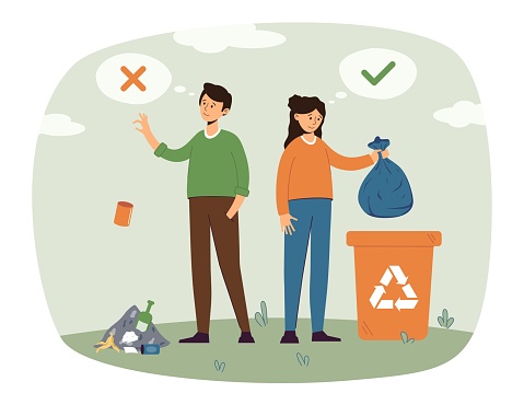 People do and do not throw away trash correctly. Garbage recycling sign, ecology, environment concept. Caring or neglecting the environment. Isolated vector illustration