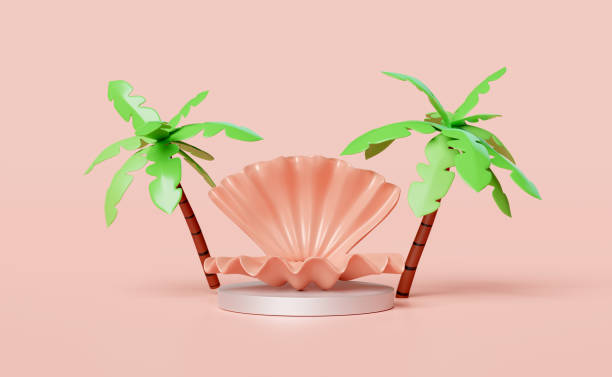 istock 3d cylinder stage podium empty with shellfish, coconut palm tree isolated on pink. modern stage display, minimalist mockup, abstract showcase background. Concept 3d render illustration 1482832358