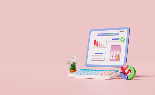 3d financial report charts and graph on laptop screen with search bar, calculator isolated on pink background. Online marketing, business strategy, data analysis, concept, 3d render illustration