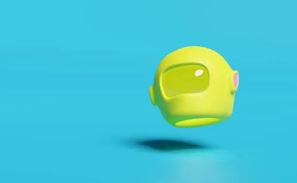 Photo of 3d yellow astronaut helmet, motorcycle helmet icon isolated on blue background. concept 3d render illustration