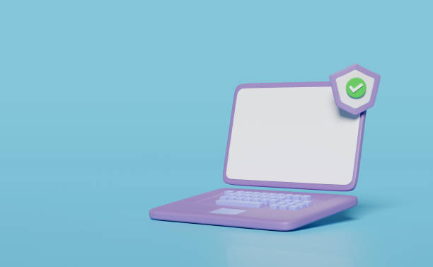 istock 3d purple laptop computer with shield, checkmark isolated on blue background. Internet security or privacy protection or ransomware protect concept, 3d render illustration 1482832537