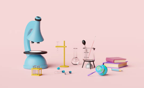 istock 3d science experiment kit with microscope, globe, magnifying, beaker, test tube isolated on pink background. room online innovative education, e-learning concept, 3d render illustration 1482832747