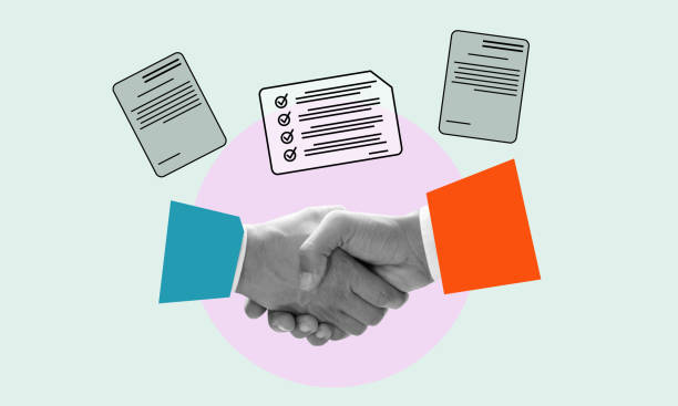 istock Modern art collage with human handshakes, electronic documents, and digital signatures. 1482832830