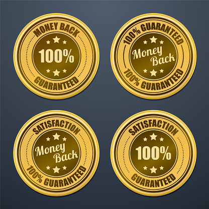 A set of 4 different 100 percent money back guarantee badges isolated on a dark background.