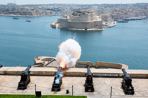 Noon gun firing of Saluting Battery in Valletta, Malta