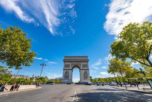 France, Paris - September 17, 2022: Paris Arc de Triomphe (Triumphal Arch) in Chaps Elysees in Paris, France.