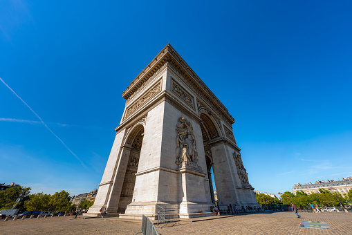 France, Paris - September 17, 2022: Paris Arc de Triomphe (Triumphal Arch) in Chaps Elysees in Paris, France.