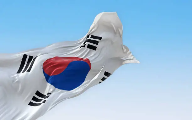 South Korea national flag waving on a clear day. The flag is a white field with a red and blue taegeuk in the center. 3d illustration render. Fluttering textile.