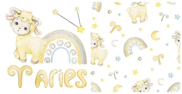 Vector illustration of Aries, a cute astrological animal, in cartoon style, on an isolated background. Watercolor clipart and seamless pattern