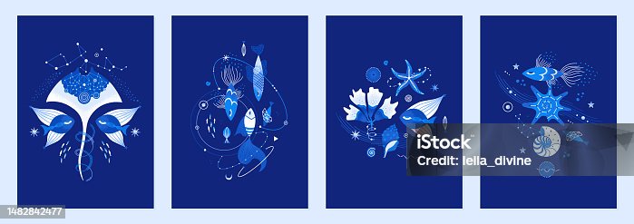 istock Set of vector illustrations of cosmic underwater creatures. Marine life decorated with constellations, stars, planets. Magic space sea designs for posters, notebook covers 1482842477