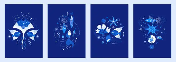 Vector illustration of Set of vector illustrations of cosmic underwater creatures. Marine life decorated with constellations, stars, planets. Magic space sea designs for posters, notebook covers