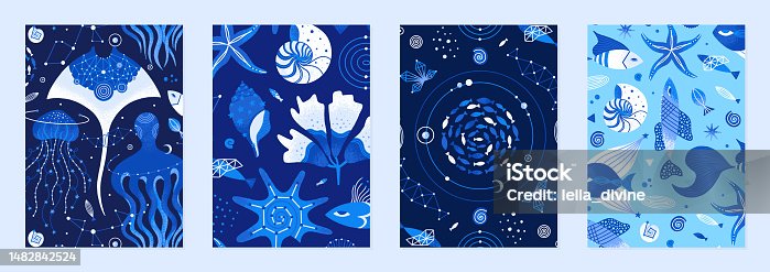 istock Set of vector illustrations of cosmic underwater creatures. Marine life decorated with constellations, stars, planets 1482842524