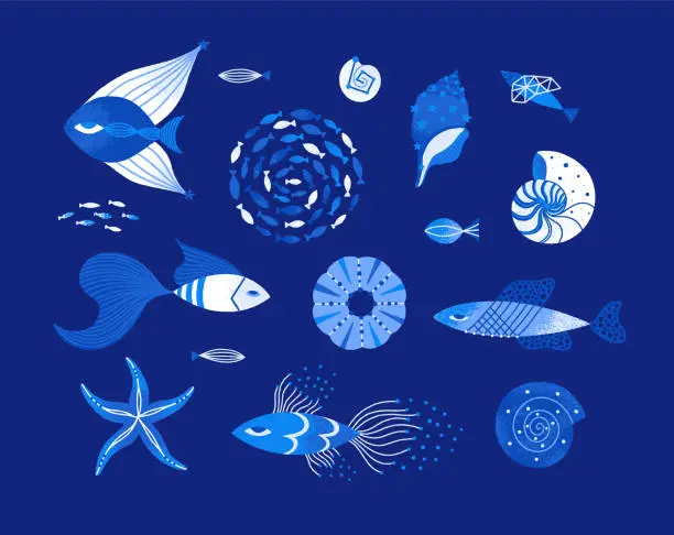 Vector illustration of Vector set of magic underwater life. Isolated textured fish, seashells, starfish. Hand drawn clipart elements. Sea or ocean creatures. Designs for stickers, print on apparel