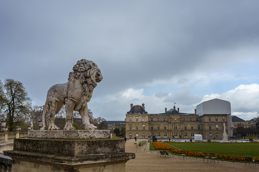 Lion statue looking at the Luxembourg Palace in Luxembourg Gardens, Paris, France. March 24, 2023.