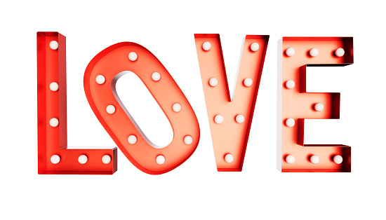 Vintage retro letters with incandescent lamps. The word love. Valentine's Day. 3d render