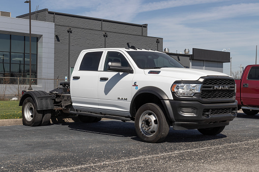 Indianapolis - Circa April 2023: Ram 5500 Chassis Cab display at a dealership. Ram offers the 5500 with heavy duty HEMI or Turbo Diesel Engines.