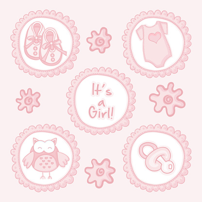 Scalable vectorial representing a pink illustration for a baby girl announcement, element for design.