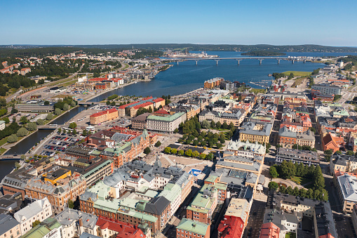 Aerial view of the city Sundsvall on the east coast of Sweden on a summer day.