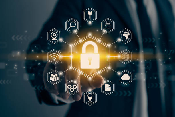 istock Businessman Hand and Finger Touching Screen and Hexagonal Lock Security Sign in Vintage Tone 1482852128