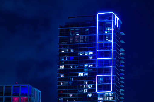 Apartment building in Miami edited to have a cyberpunk look