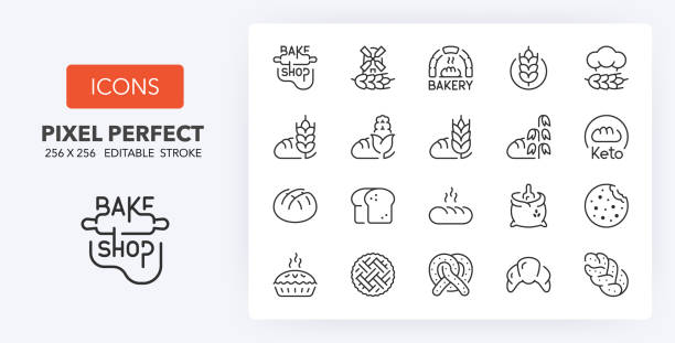 bakery line icons 256 x 256 Line icons about  bakery and breads. Thin line icon set. 512x512 Pixel Perfect.. Editable vector stroke. 64 and 256 Pixel Perfect scalable to 128px bread stock illustrations
