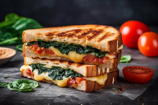 Grilled Cheese Sandwich with spinach and tomato
