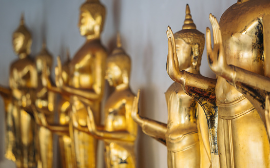 Wide view tourist attraction place Golden buddha statue at wat pho temple Bangkok, Thailand.