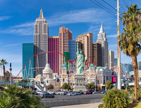 Las Vegas. USA. 09.18.2022 Beautiful cityscape view of Caesars Palace hotel on blue sky background.