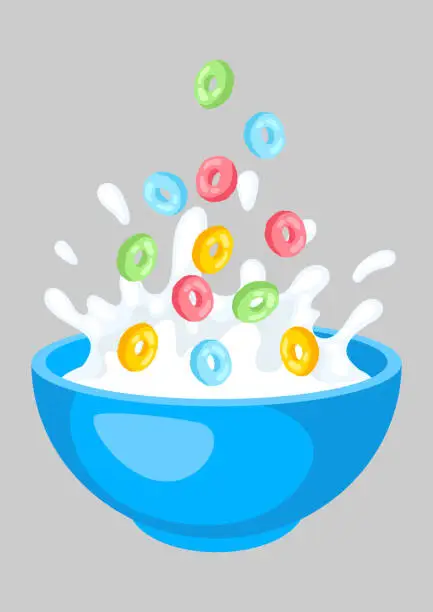 Vector illustration of Breakfast cereal falls into bowl. Image of healthy food.