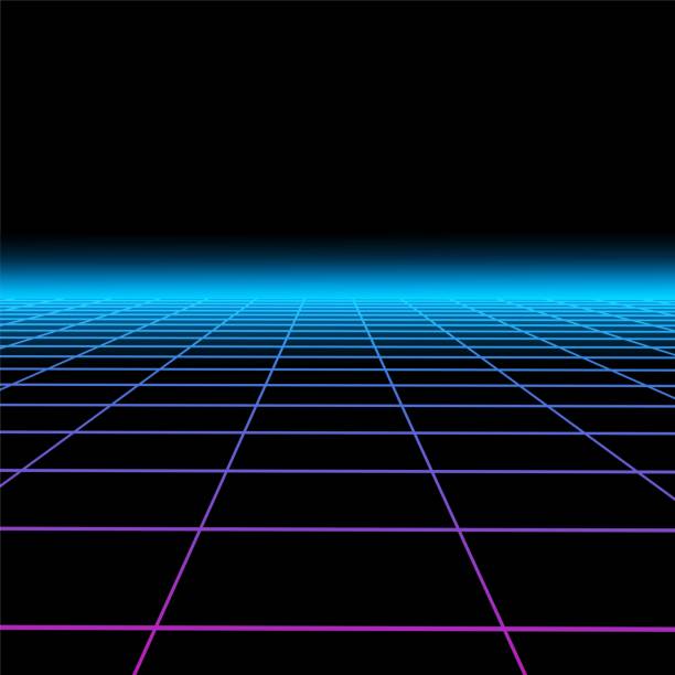 istock Vector abstract futuristic background with vision perspective. Retro design - fashion 80-90s. Color grid neon infinity surface with glowing effect 1482859120