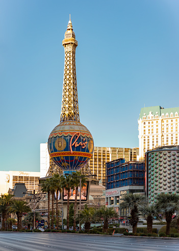 Las Vegas, United States - November 23, 2022: A picture of the Eiffel Tower and Balloon Sign of Paris Las Vegas.