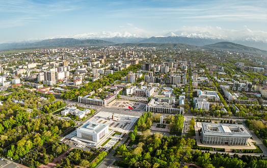 Aerial view of Bishkek city's Ala-Too central square during spring