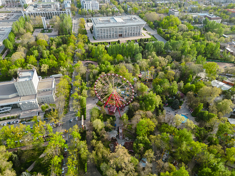Aerial view of Panfilov Park in Bishkek city with Ferris wheel surrounded with green trees