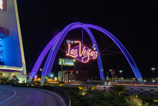 Las Vegas, United States - November 23, 2022: A picture of the Las Vegas Boulevard Gateway Arches at night.