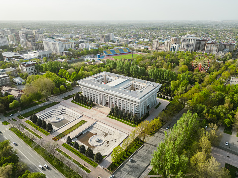 Aerial view of Jogorku Kenesh (Parliament) building of the Kyrgyz Republic. The White House of Kyrgyzstan