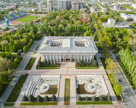 Aerial view of Jogorku Kenesh (Parliament) building of the Kyrgyz Republic. The White House of Kyrgyzstan