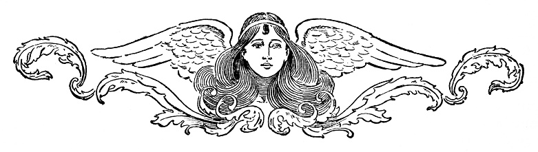A headshot of a female angel with wings in a scroll design. Originally used in a magazine marking the end of a feature section. Illustration published 1897. Original edition is from my own achieves. Copyright has expired and is in Public Domain.