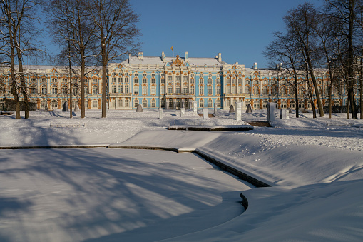 Pushkin, St. Petersburg, Russia, 04.03.2023: View of the Catherine Palace in the Catherine Park of Tsarskoye Selo on a sunny winter day