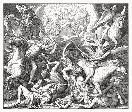 The opening of the first six of seven seals (Revelation 6). Wood engraving by Julius Schnorr von Carolsfeld (German painter, 1794 - 1872), published in 1860.