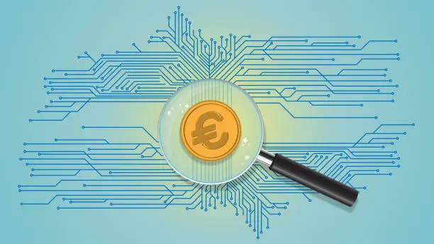 Vector illustration of Computer circuit connects to a euro coin and a magnifying glass examines them